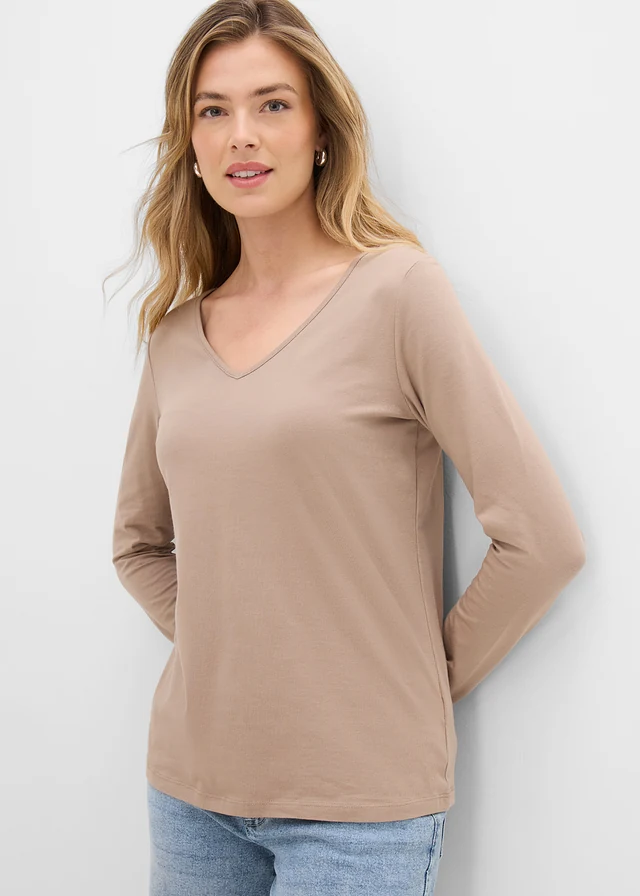 Longsleeve met V-hals (set van 2), Kleur: taupe+zwart