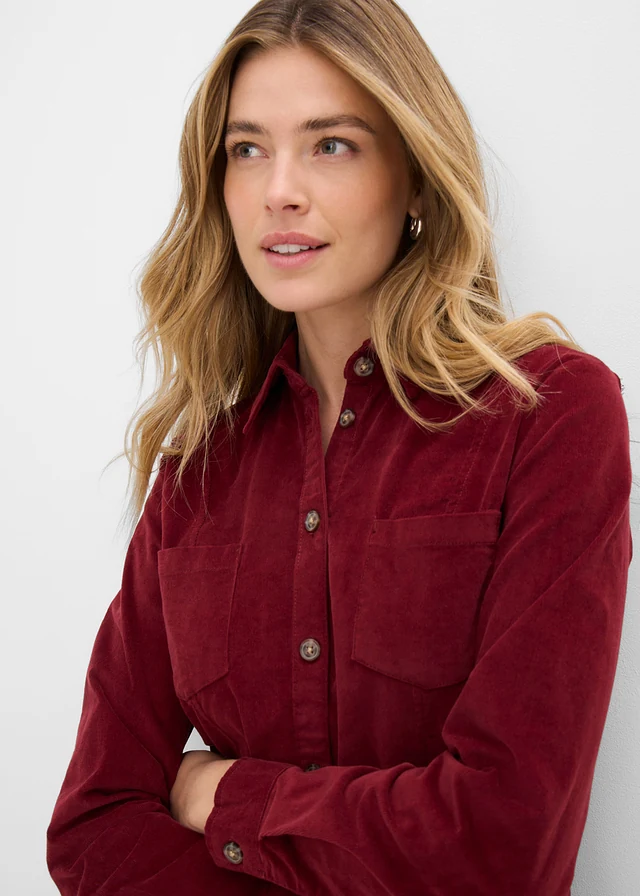 Robe chemise en velours de coton côtelé extensible • rouge châtaigne • Boutique bonprix