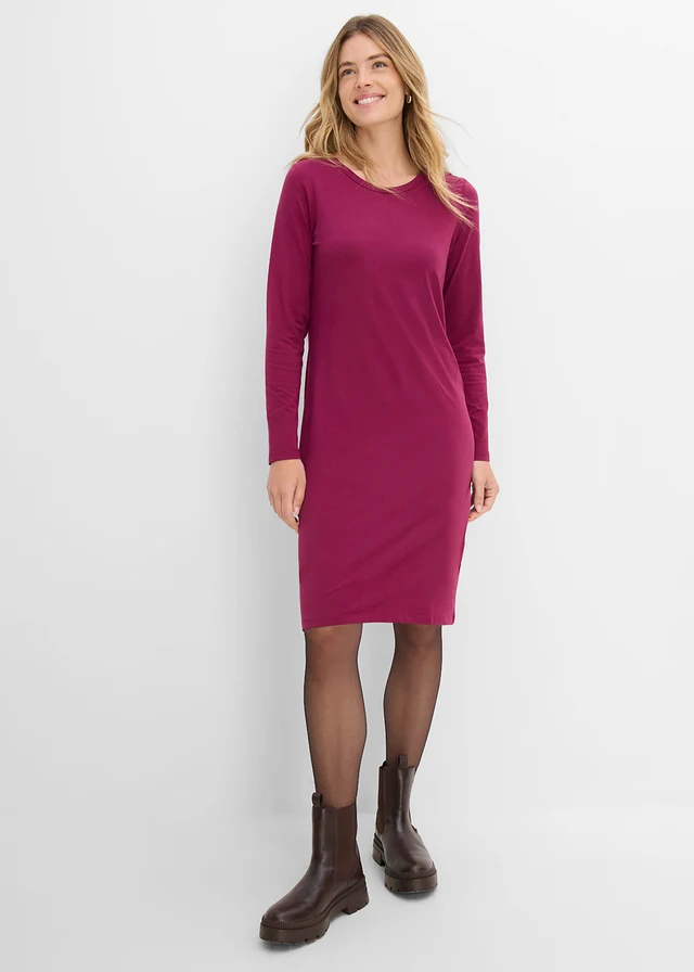 Jersey jurk van katoen met stretch (set van 2), Kleur: bessen+zwart