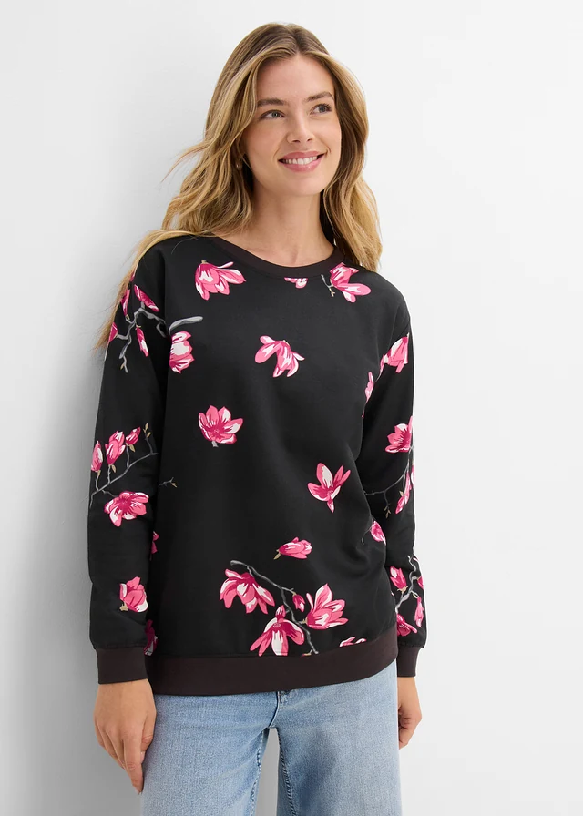 Sweater van katoen, wijd model • zwart gebloemd • bonprix online shop