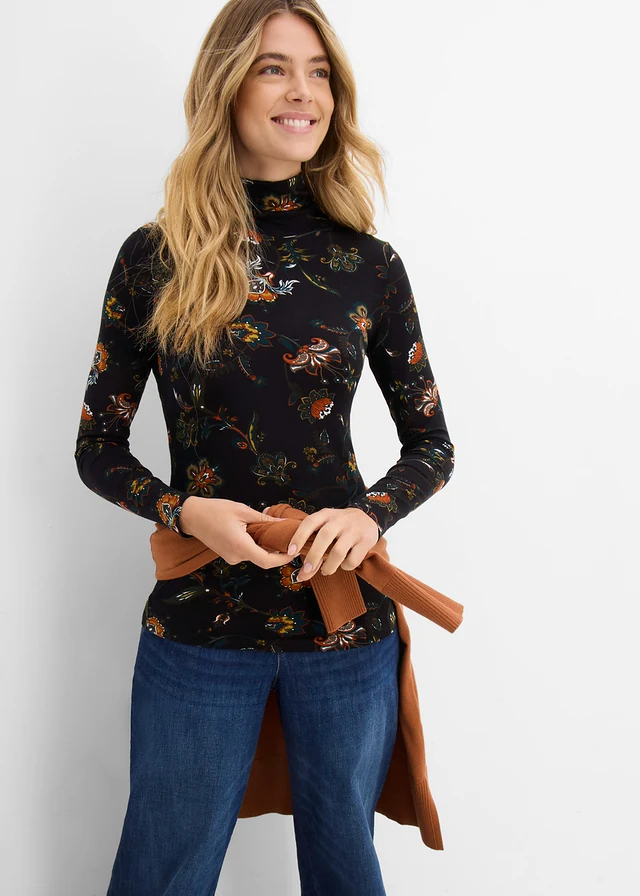 Longsleeve met rolkraag • zwart gebloemd • bonprix online shop