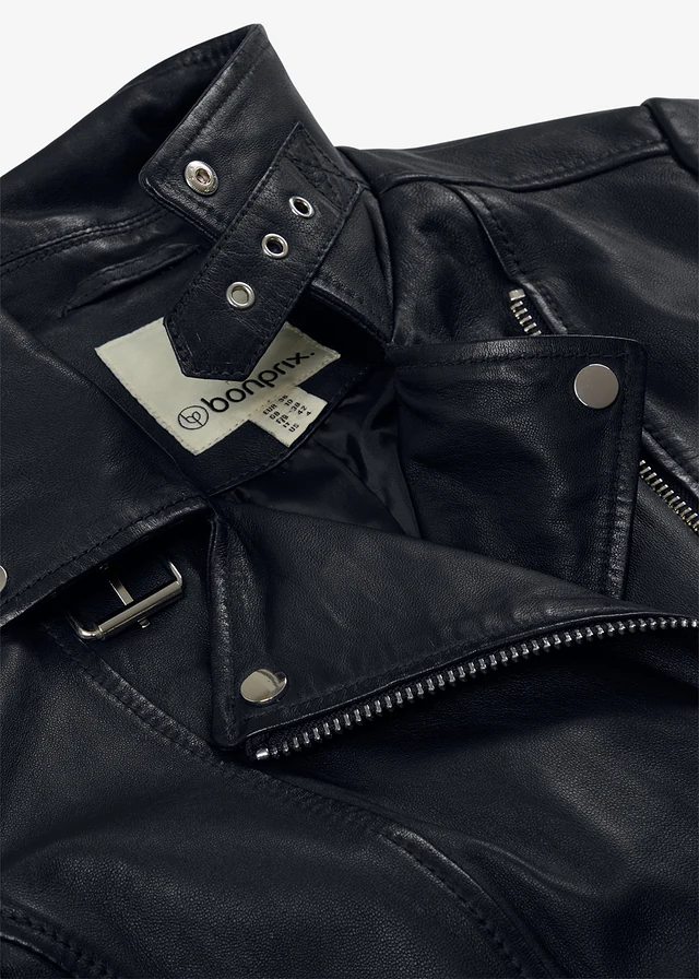 Veste biker en cuir nappa d’agneau • noir • Boutique bonprix