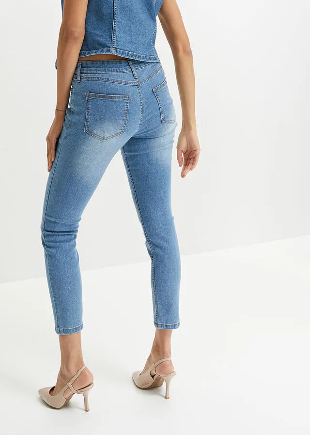 Slim Fit farmer, Mid Waist, rövidített, szín: világoskék, használt hatású